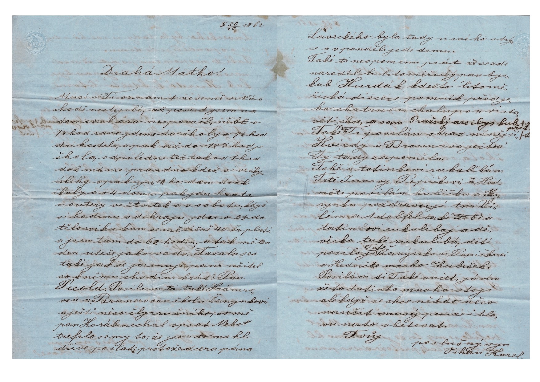 "Modrý dopis" Karla Wihana matce z Náchoda z r. 1862; archiv rodiny Wihan/Šafránek