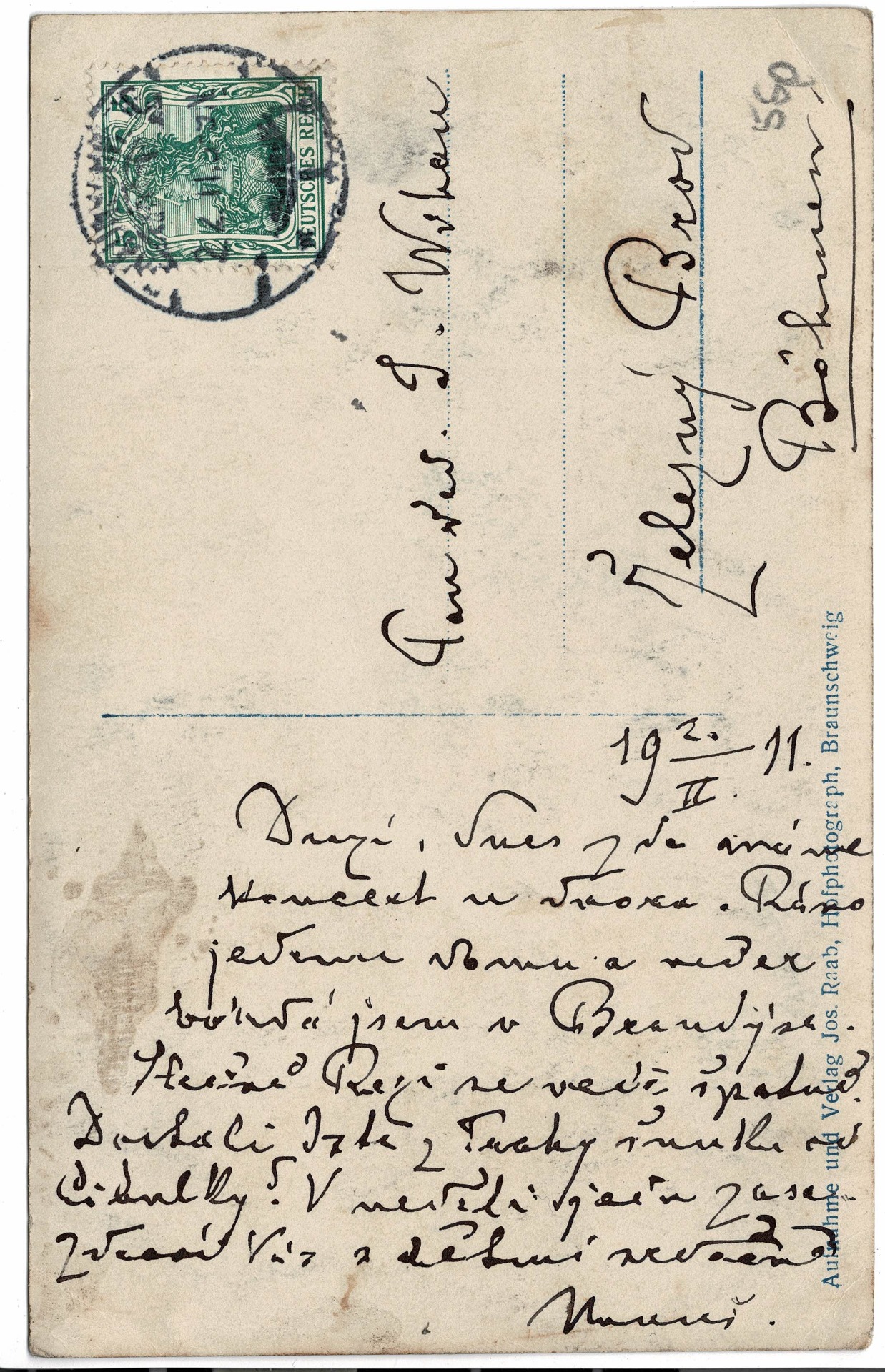 Pohlednice H. Wihana bratrovi Josefovi z Brauschweigu z 2. 2. 1910