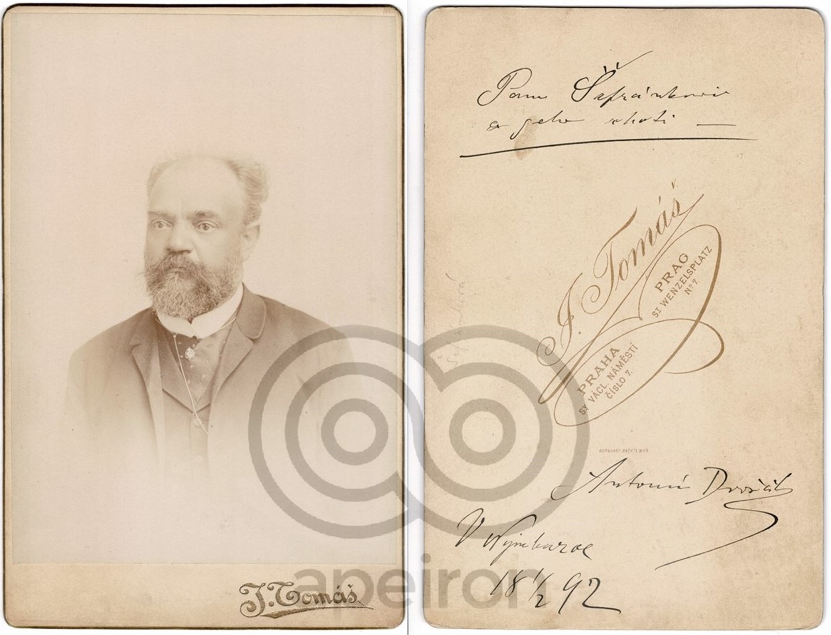 Antonín Dvořák, podepsaná fotografie s věnováním p. Šafránkovi; archiv rodiny Wihan/Šafránek