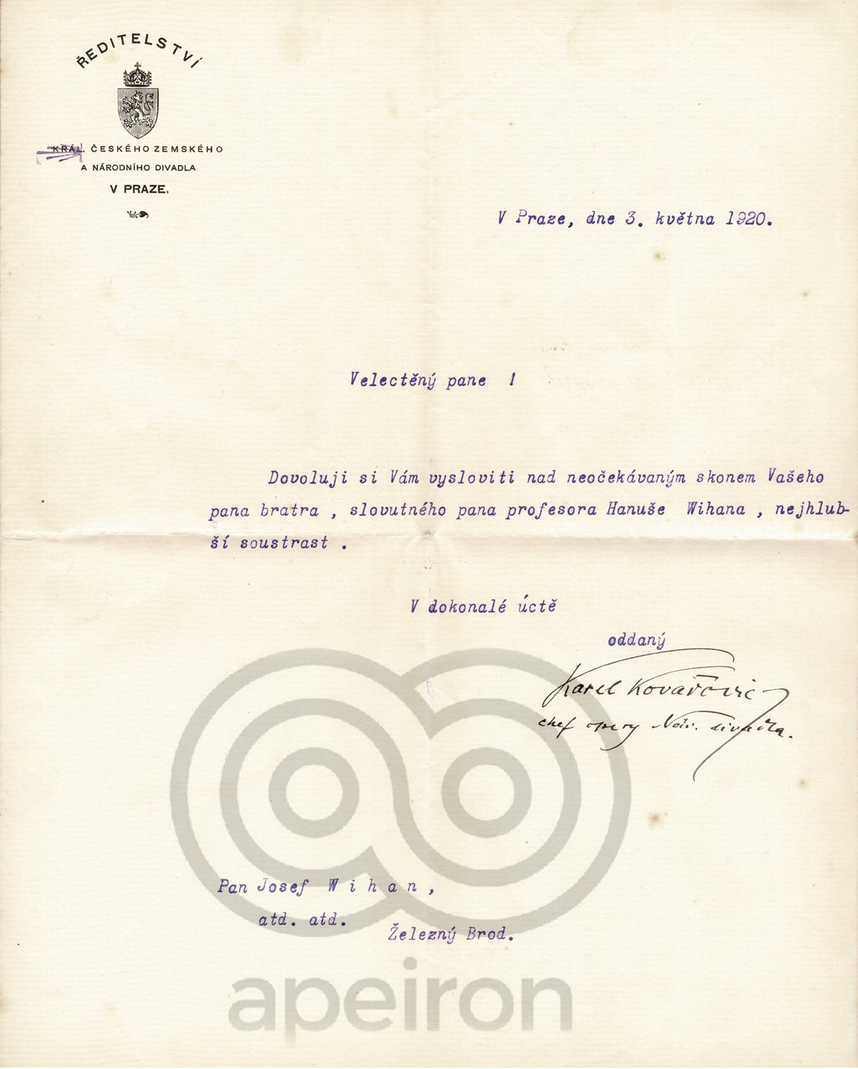 Kondolence ředitele Národního divadla Karla Kovařovice, 3. 5. 1920