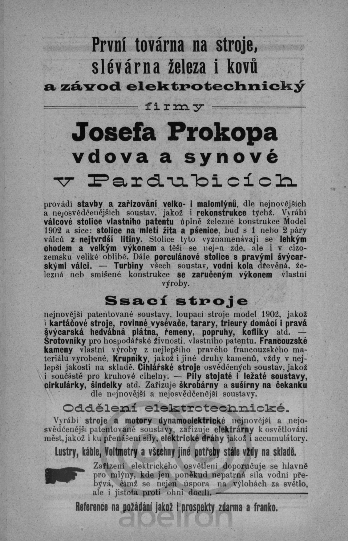 Reklama firmy Josefa Prokopa vdova a synové; Úplný adresář a popis politického okresu Královéhradeckého, 1903